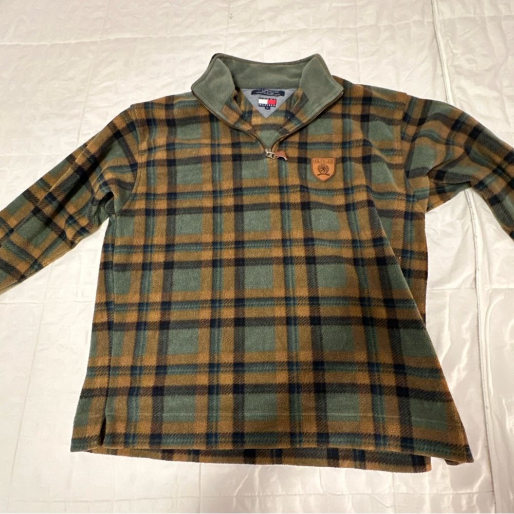 Vintage Tommy Hilfiger Green and Brown Plaid Men’s Sweatshirt